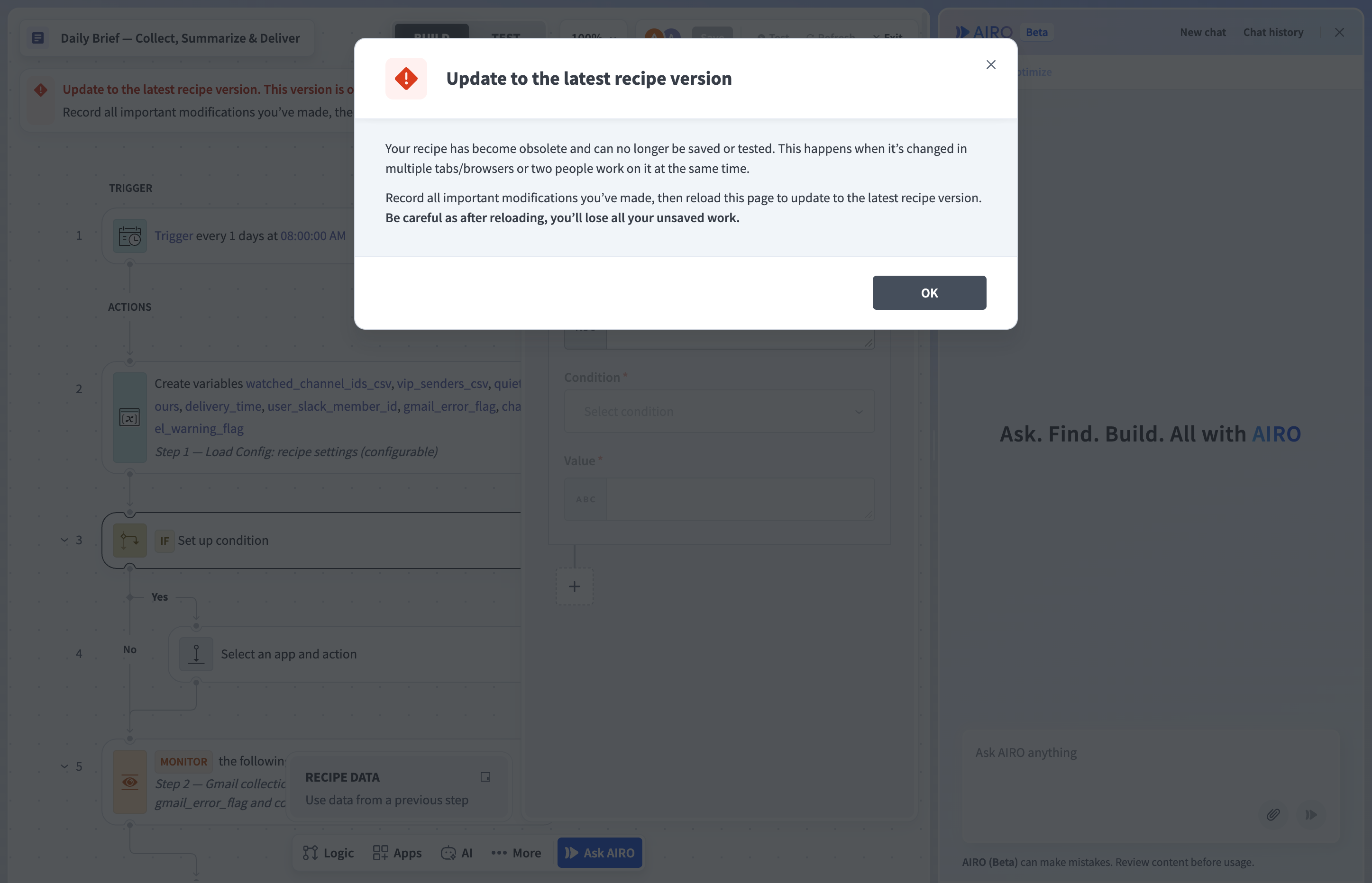 The Update to the latest recipe version dialog warning that the recipe is obsolete
