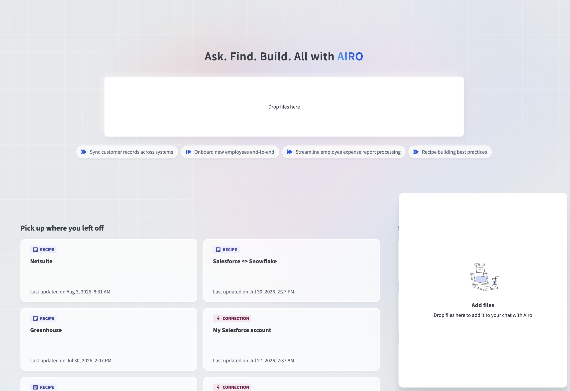 AIRO homepage showing the drag-and-drop file upload prompt.