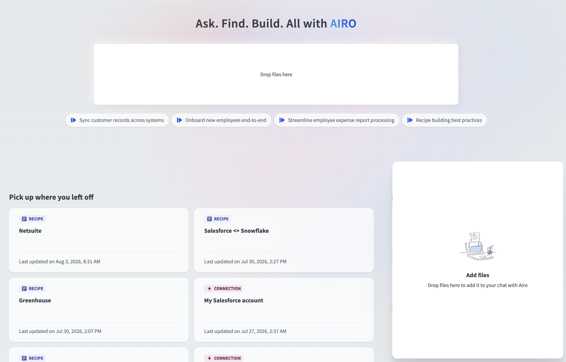 ドラッグアンドドロップによるファイルアップロードのプロンプトが表示されているAIROホームページ。