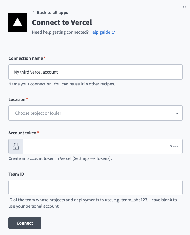 Vercel connection setup