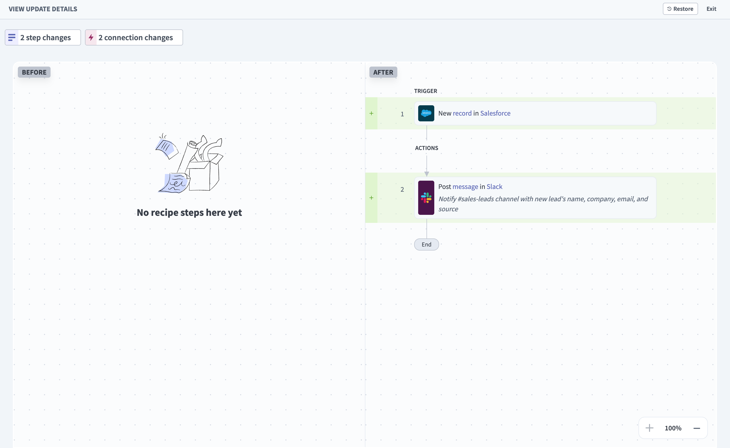 AIRO chat showing a Recipe state marker and View update details button