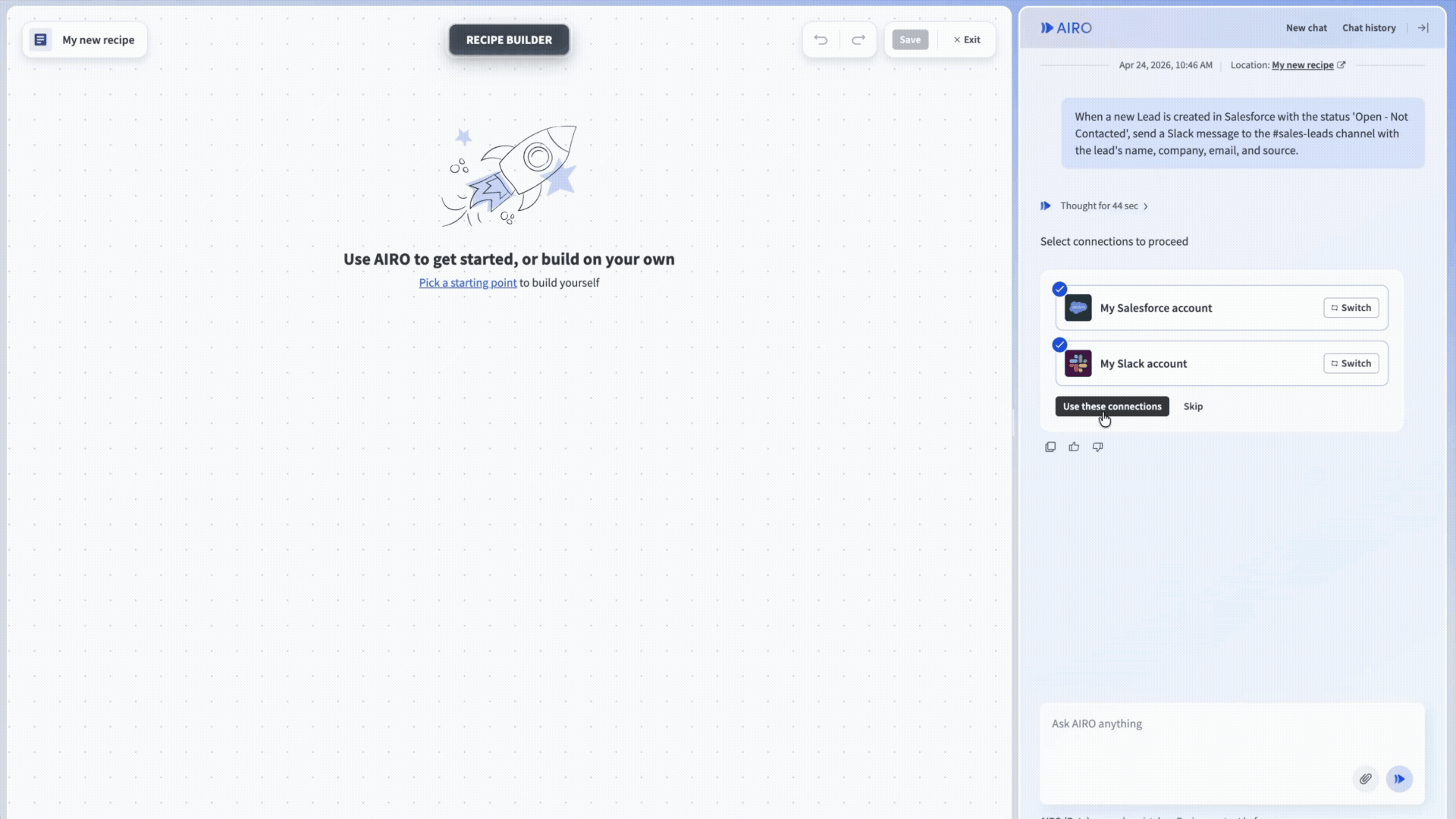 AIRO chat panel showing a progress indicator while the recipe builds