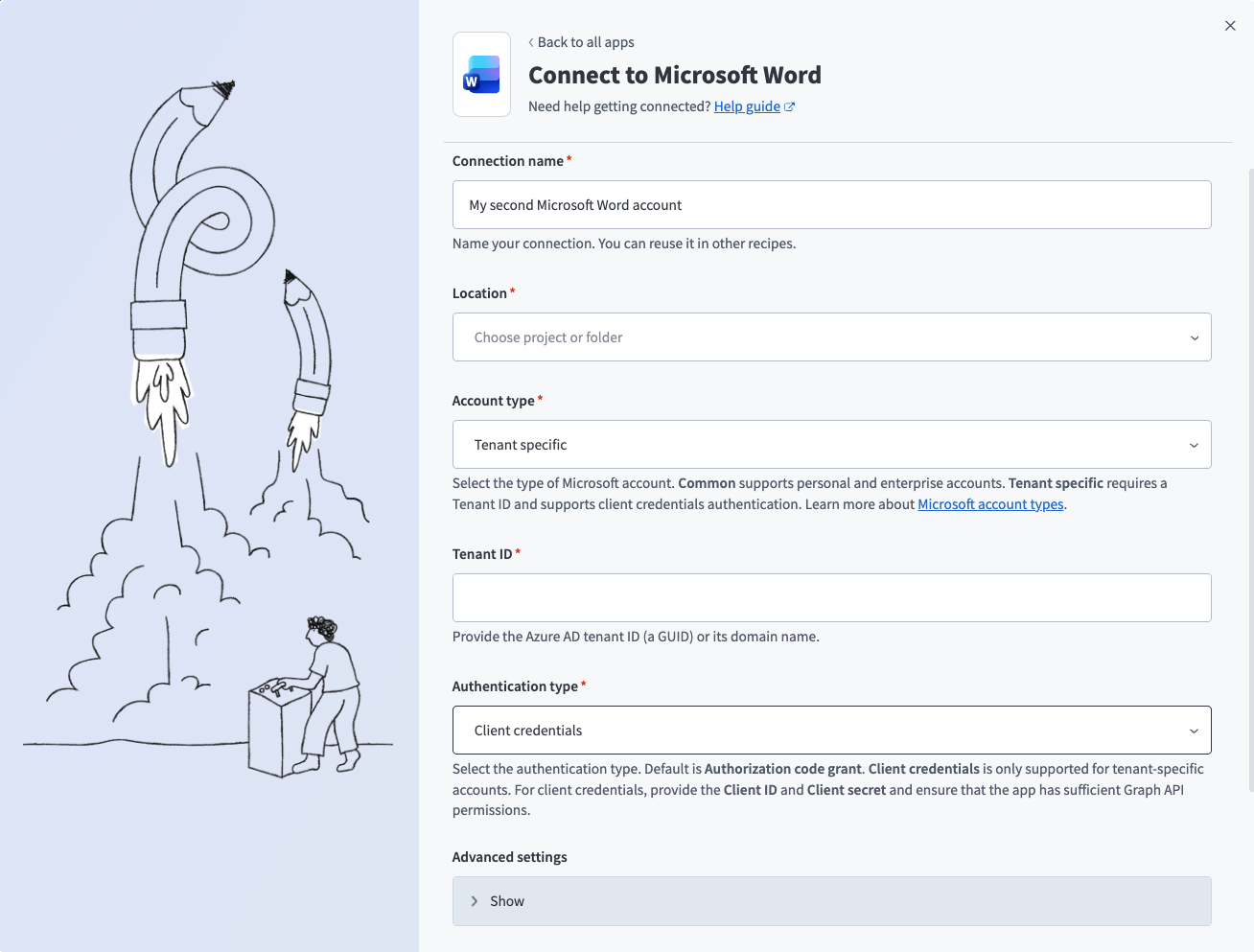 Microsoft Word client credentials-based connection setup