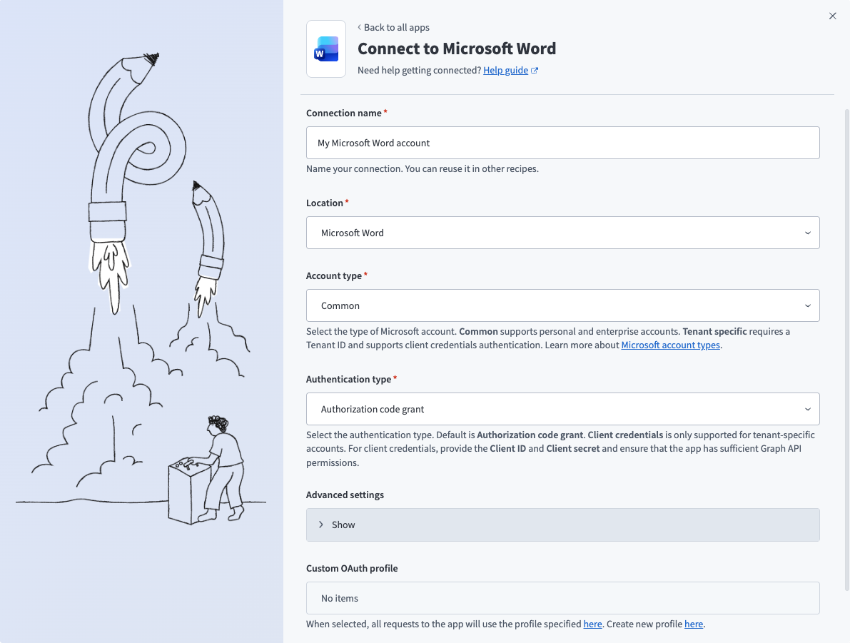 Microsoft Word common connection setup