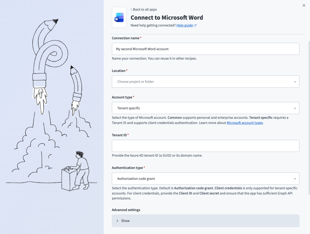 Microsoft Word Tenant specific connection setup