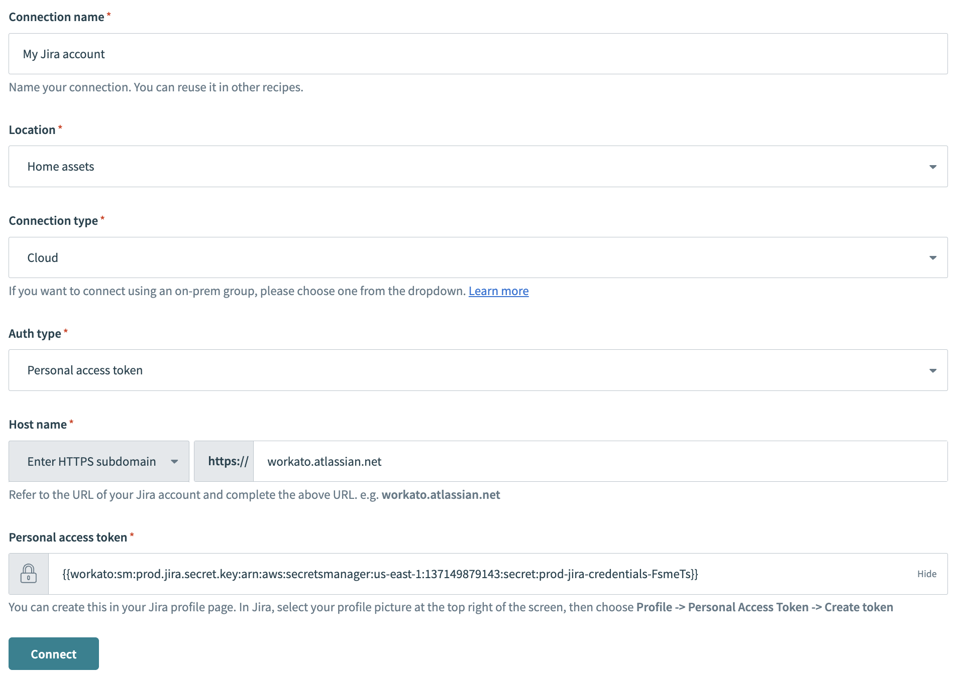 JIRA connection in Workato configured with an AWS secret