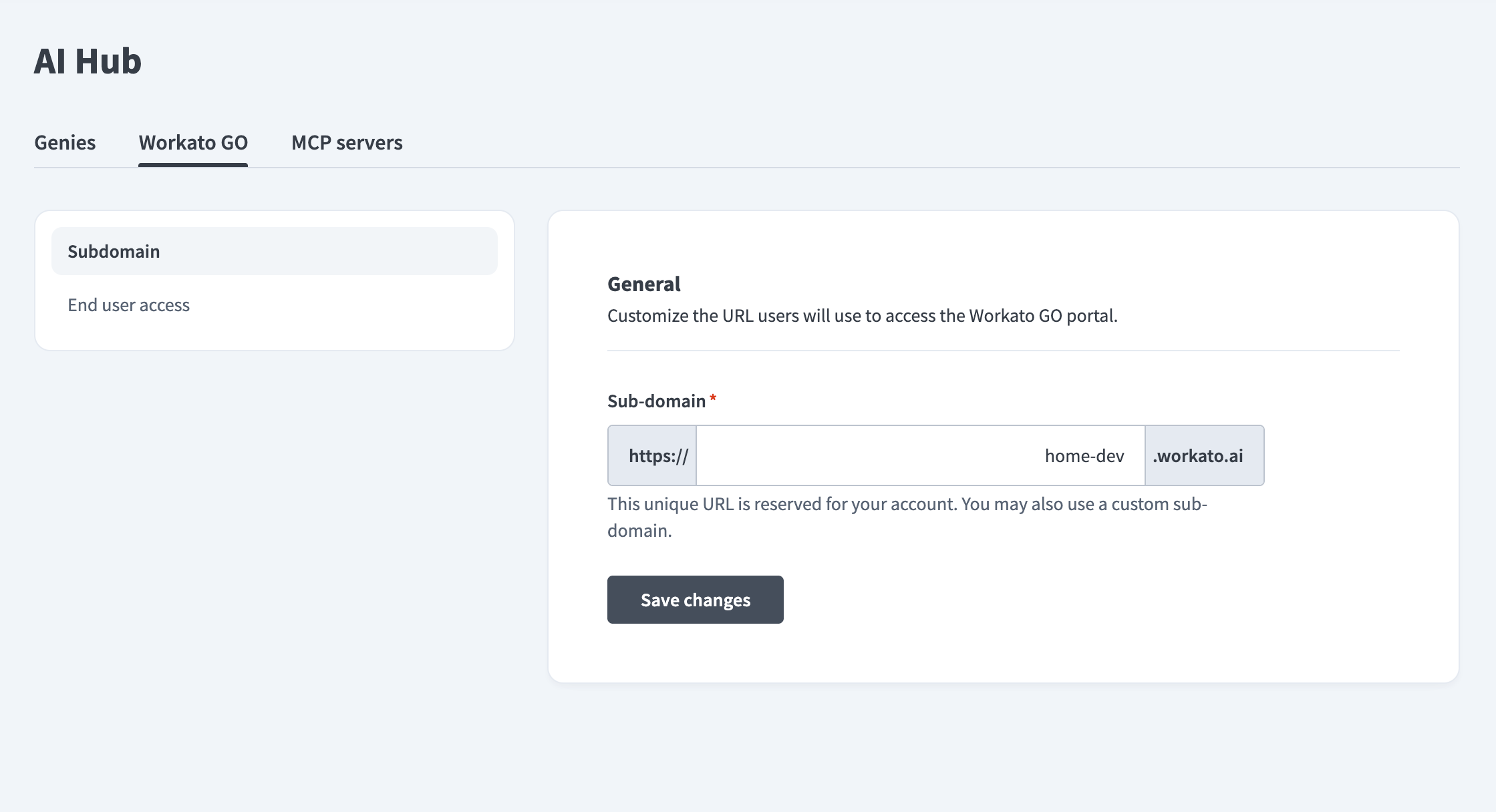 AI Hub Workato GO settings page showing the subdomain URL field