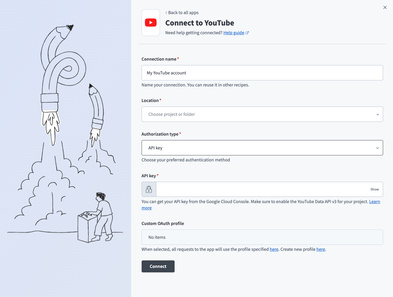 YouTube API key connection setup
