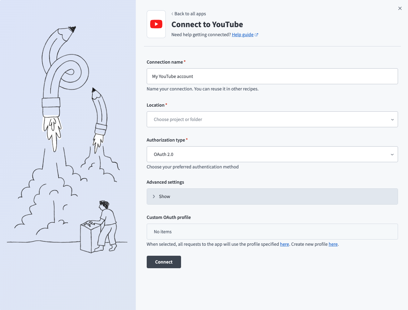 YouTube OAuth 2.0 connection setup